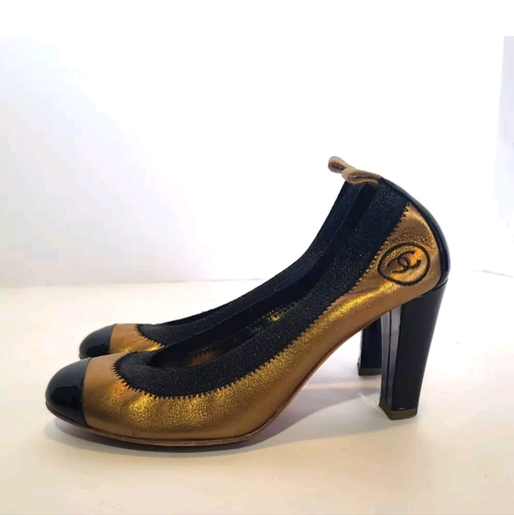 Authentic Chanel Designer Gold Black Womens Stretch Pump Heels EUR 36 US… - Picture 2 of 11